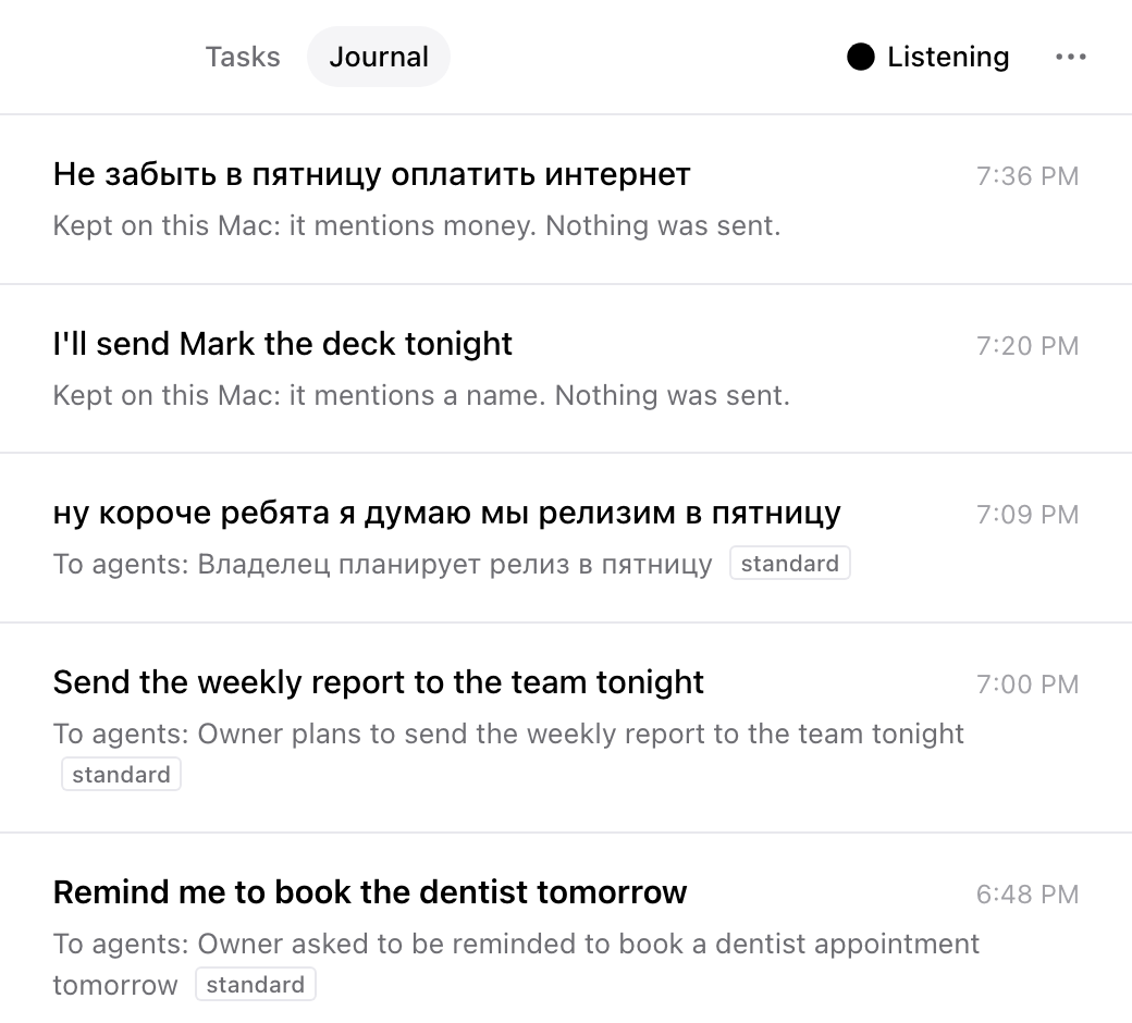 The Journal: phrases sent to the agents through the standard channel, and two phrases kept on this Mac because they mention money and a name.