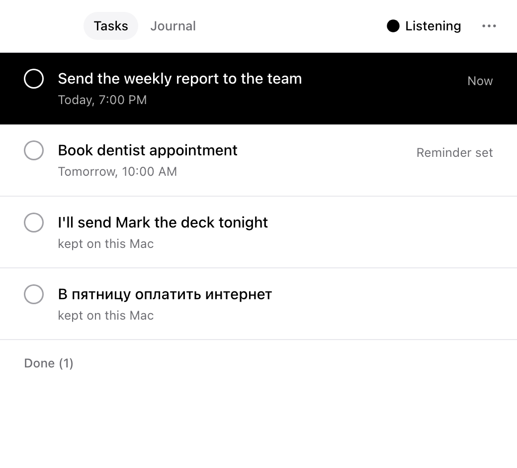The yuzuzuzu window on Tasks: things to do taken from what its owner said, with times, reminders and two tasks marked kept on this Mac.